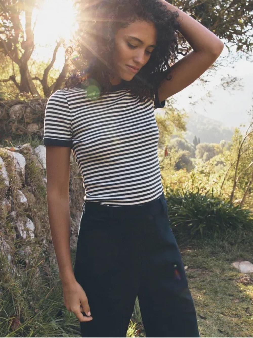 Doen Vivi Ringer Tee in Nantucket Stripe Size Small Navy Blue Striped T-Shirt